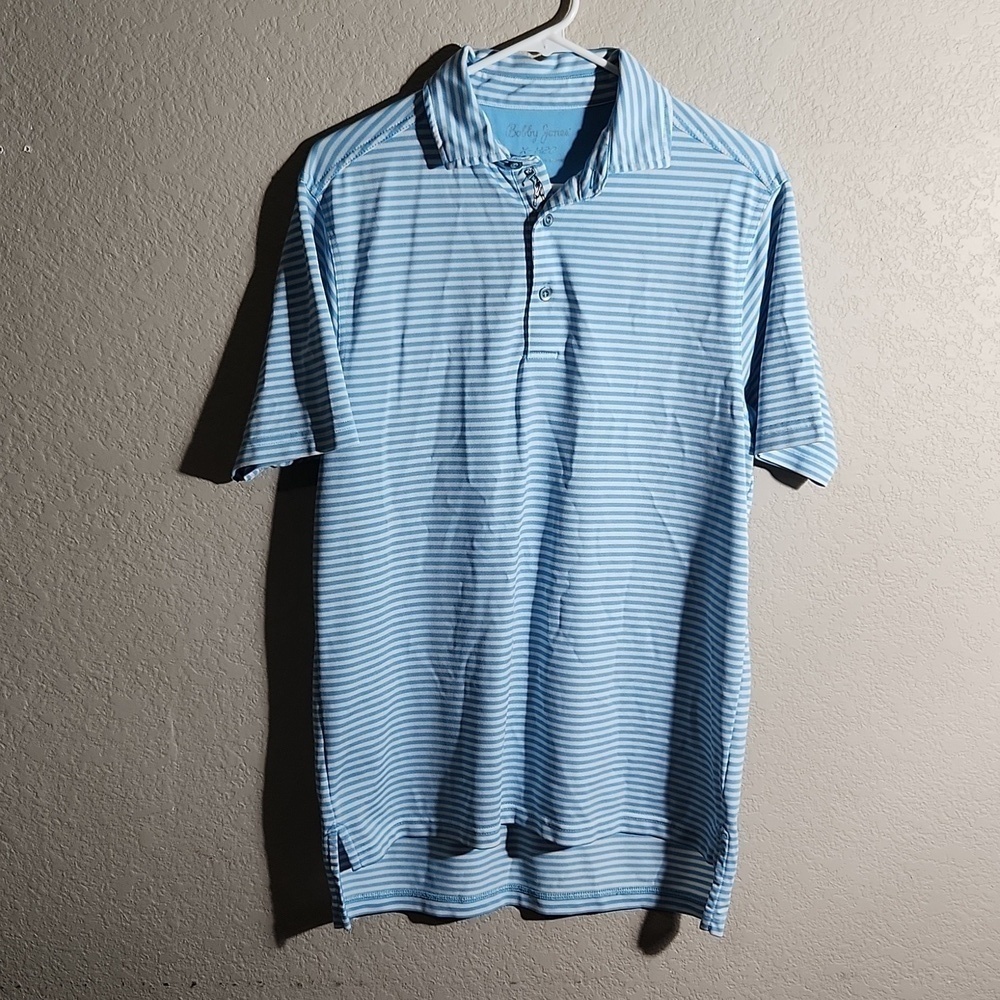 Bobby Jones Shirt Mens Size S Polo Golf X- H20 blue white stripe high low hem